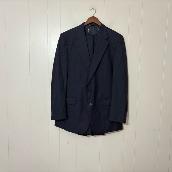 Vintage Burberrys Wool Suit 46L Navy Windowpane Plaid Stratford PLT Made USA